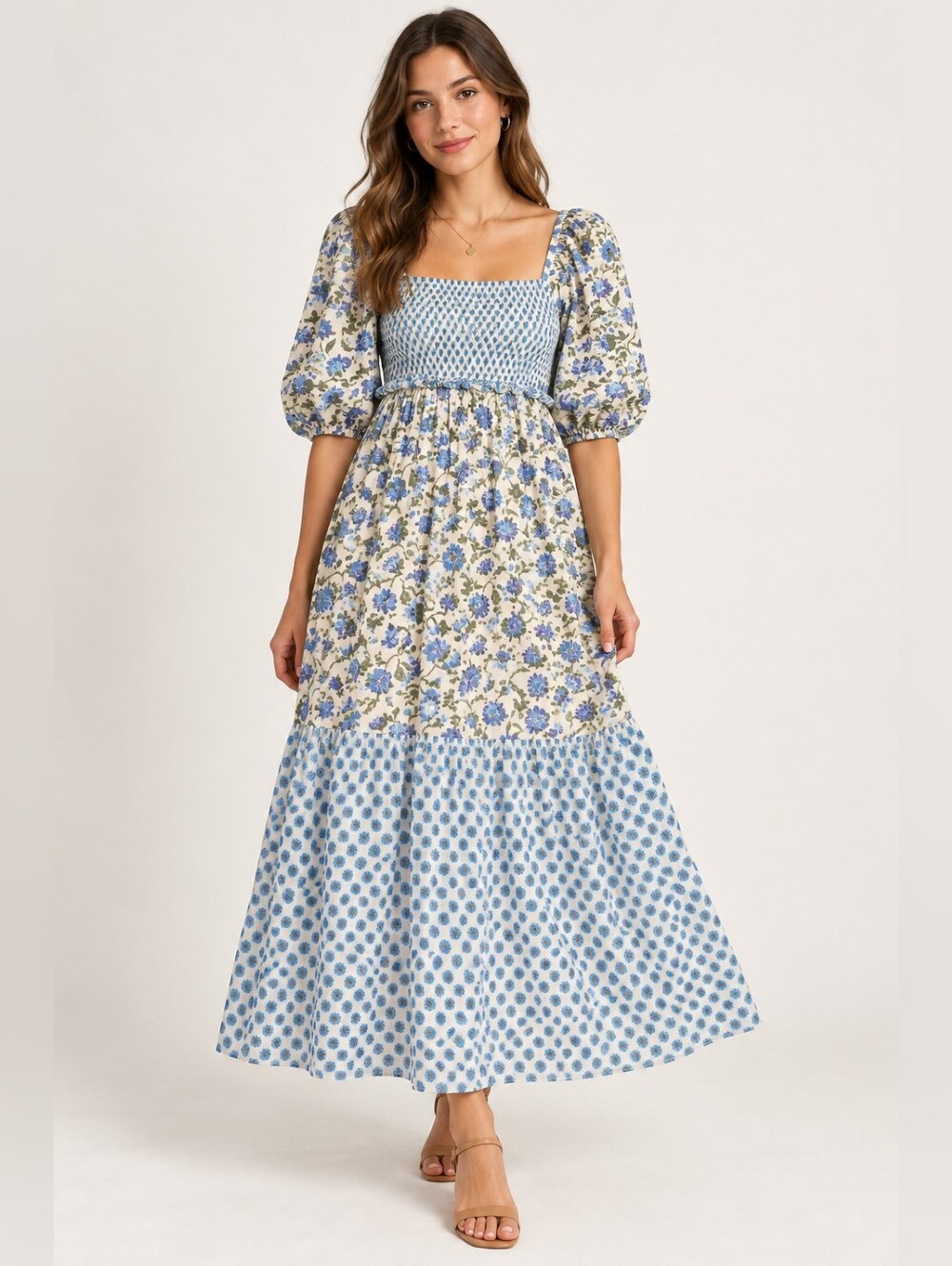 Taylor Women’s Size 8 Blue Floral Smocked Puff Sleeve Maxi Dress